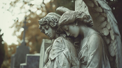 Two angels in mourning one with her head resting on the others shoulder as they stand in front of a gravestone with mournful expressions.