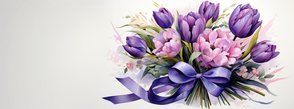 violet tulips with ribbon on white background. Web banner with copy space. - Powered by Adobe