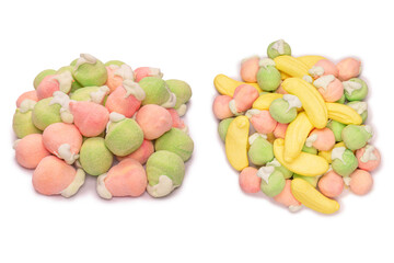 Mix of jelly colorful candys and marshmallows isolated on  white background.