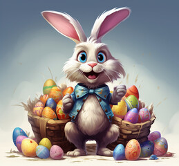 Vector illustration of Cute rabbit with easter eggs on nature background