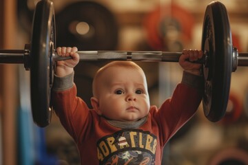 Strong baby boy lifting a heavy barbel