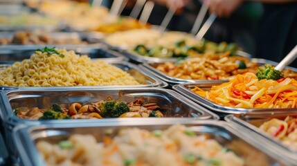 A variety of delicious, freshly prepared pasta and stir-fry dishes displayed in a buffet setting. - obrazy, fototapety, plakaty