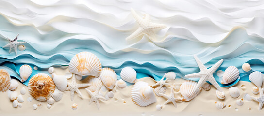 Obraz na płótnie Canvas Seashells and pebbles on white sand background. White sand and seashells on the beach. Summer background. Shell on beach and summer time