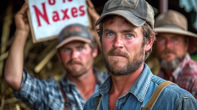 Farmer holding a sign with the inscription "No Taxes" against the backdrop of the countryside. Concept: protest movement against tax pressure on agriculture or illustration of socio-economic studies o