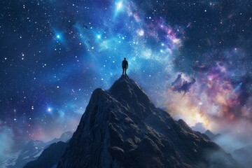A lone figure basks in the grandeur of the night sky, surrounded by the mystical constellations and the majestic milky way atop a towering mountain, in awe of the vastness of space and the beauty of 