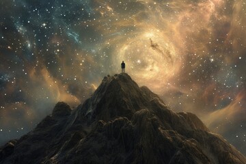 A lone figure gazes upon the vastness of the night sky, surrounded by the majestic mountains and a galaxy of stars in the peaceful embrace of nature - obrazy, fototapety, plakaty
