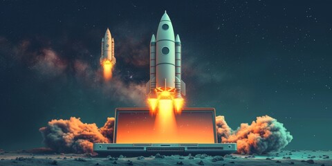 Obraz premium Space Rocket Launching from Laptop Concept.