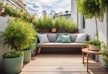 Fototapeta na wymiar Cozy relaxing area at home back yard. Sunny stylish balcony terrace in the city. Beautiful of modern terrace with wood deck flooring, green potted flowers plants and outdoors furniture. 