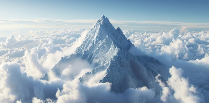 High above the world, a majestic mountain peak emerges from the billowing clouds, its snowy summit a testament to the raw power and beauty of nature