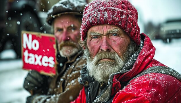 Farmer holding a sign with the inscription "No Taxes" against the backdrop of the countryside. Concept: protest movement against tax pressure on agriculture or illustration of socio-economic studies o