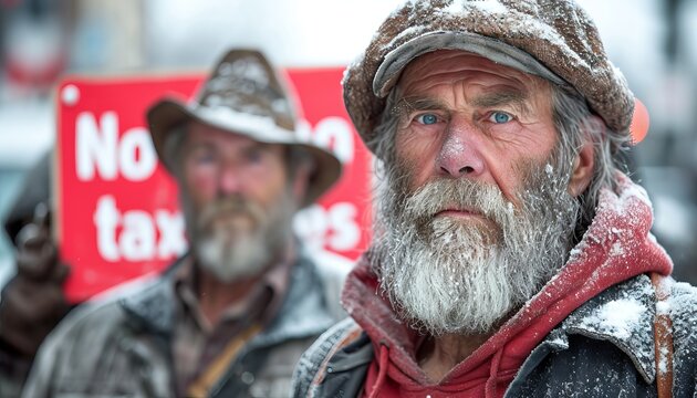 Farmer holding a sign with the inscription "No Taxes" against the backdrop of the countryside. Concept: protest movement against tax pressure on agriculture or illustration of socio-economic studies o