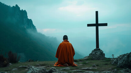 A monk kneeling in prayer in front of a simple wooden cross surrounded by the serene tranquility of...