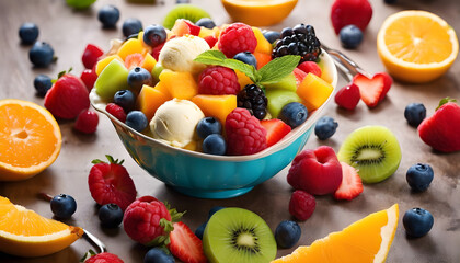 Irresistible Fruit Salad Delight: Topped with Delicious Ice Cream