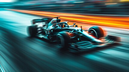 An adrenaline-fueled openwheel race car speeds around the track, its tires gripping the road as it competes in the thrilling world of motorsport - obrazy, fototapety, plakaty