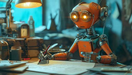 A playful action figure robot sits at a desk, scribbling away on paper, bringing to life the magic of childhood imagination - obrazy, fototapety, plakaty