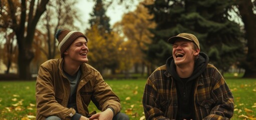 Two Young Men Sitting on the Grass Laughing  Generative AI