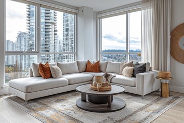 Fototapeta premium Bright and Airy Living Room With Modern Furniture and Large Windows