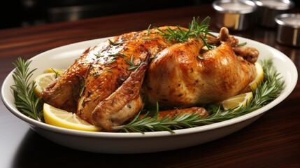 Fototapeta premium Baked chicken garnished with asparagus and herbs UHD Wallpaper