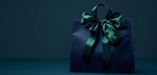 Empty paper bag mockup in deep indigo with an elegant emerald green ribbon handle.