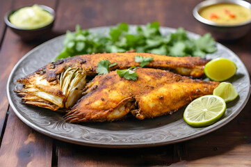 Delicious bihari fish fry recipe on a plate on a wooden table