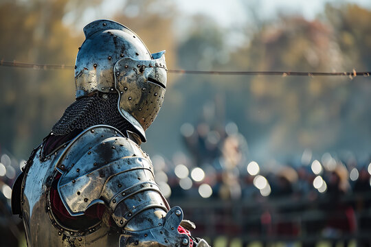 Illustrate a knight in shining armor gearing up for a jousting tournament. Around him - squires are assisting with the preparations