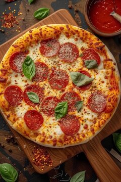 A delicious pepperoni pizza with basil and cheese
