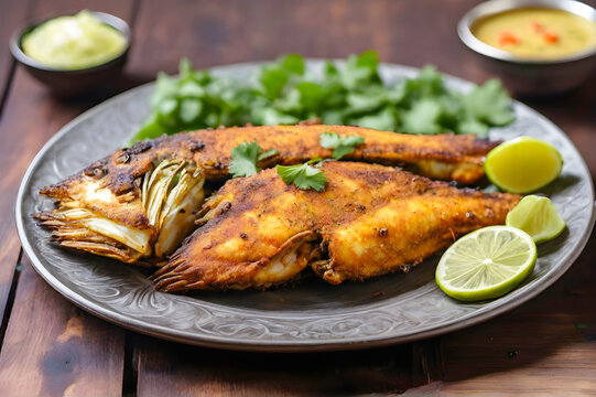 Delicious bihari fish fry recipe on a plate on a wooden table