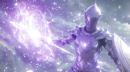 A heavenly warrior dressed in opulent silver and purple armor with a glowing shield and a sword of pure energy. - obrazy, fototapety, plakaty