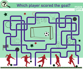 Logic game for children. Maze with soccer players and odjects. Vector illustration.