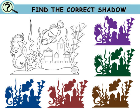 Find the correct shadow of sea scene with fish, sea horse, castle and seaweed. Coloring book page with logical game for children. Vector illustration.	
