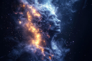 A serene visage emerges from a cosmic tapestry, embodying the universe's quiet majesty