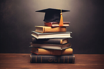 Graduation hat on stack of books on wooden table and blackboard background.