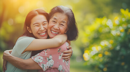 Happy asian mother and daughter hugging each other outdoor during spring time - Mother's day and family love concept - Model by AI generative - obrazy, fototapety, plakaty