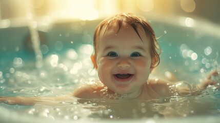 Fototapeta na wymiar A curious toddler splashes in a bubble-filled bathtub, their rosy cheeks and gleeful expression mirroring the tranquil water around them