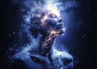 A serene visage emerges from a cosmic tapestry, embodying the universe's quiet majesty