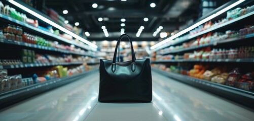 Sleek black handbag, empty, stands alone in a well-lit supermarket aisle.