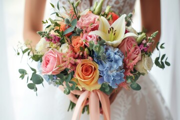 A bride holding a bouquet of colorful flowers including pink roses, orange lilies, and blue hydrangeas
