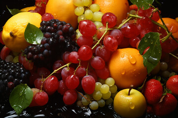 Naklejka na ściany i meble Still life with fresh fruits and water drops on black background, closeup. Mix of fresh fruits on a black background. Fruits and berries