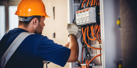 Skilled electrician diligently checking and repairing electrical equipment in an industrial setting.