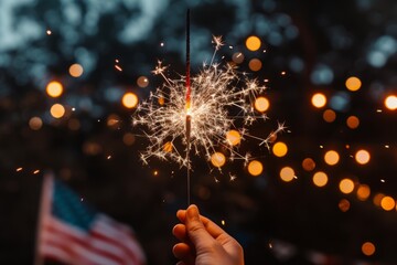Hand holding a lit sparkler with an American flag in the background