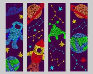 Set bookmarks with hand drawn stars, flying sauer, planet, mars rover, rocket, earth planet,constellations on purple background in childrens naive style.