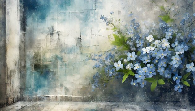 Fototapeta Tapeta tło abstrakcyjne, ściana i niebieskie kwiaty w podwójnej ekspozycji. Dekoracja, abstrakcja, panel. Generative AI