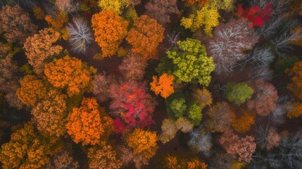 Bird's-eye Perspective of Colorful Autumn Forest with Orange and Red Trees AI Generated.