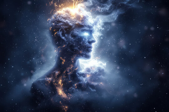 A serene visage emerges from a cosmic tapestry, embodying the universe's quiet majesty