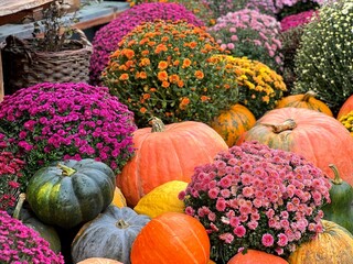 Autumn pumpkins and chrysanthemum flowers decorations 
