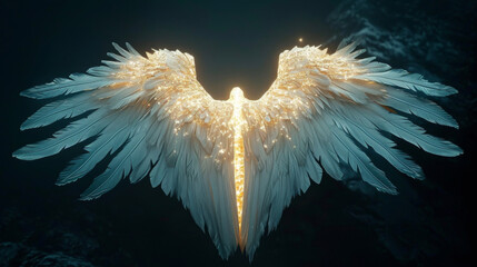 The runes on this angels wings glow brightly reflecting their deep connection to the ancient wisdom of the runic language. - obrazy, fototapety, plakaty