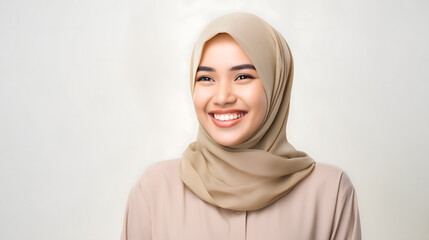 Radiant smile of a beautiful Asian woman with a hijab, capturing genuine joy and warmth, against a gray background