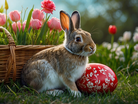 cute bunny with easter egg and flowers in springtime nature landscape