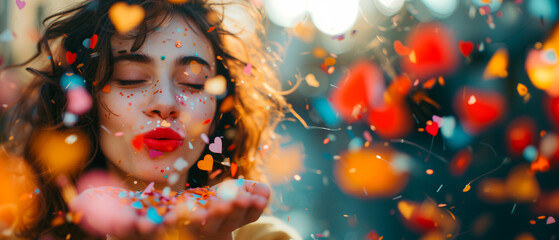 Attractive woman blowing confetti from hands. Celebration with copy space concept