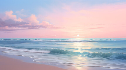 gently pink beach and blue sea at dawn. - obrazy, fototapety, plakaty